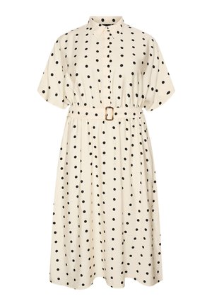 Midi-kjole i cremefarve med sorte polkaprikker, korte ærmer, krave, knapper foran og matchende bælte med rektangulært spænde.