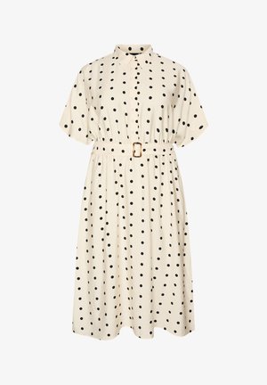 Elfenbeinfarbenes Midikleid mit schwarzen Polka-Dots, kurzen Ärmeln, Kragen, durchgeknöpft und passendem Gürtel mit rechteckiger Schnalle.