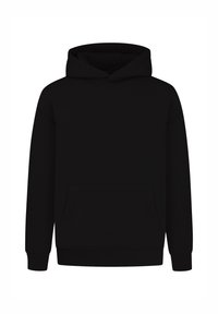 Sudadera negra con capucha, bolsa frontal, mangas largas y puños y dobladillo de canalé. Fabricada con una tela suave, textura lisa, diseño minimalista.