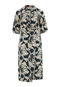Bloemenwikkeldress in donkerblauw en beige, met een V-hals, korte puffmouwen en een textiel met een bladerenpatroon.