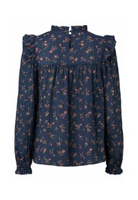 Blusa blu navy con spalle arricciate, caratterizzata da un motivo floreale in rosa. Texture plissettata, maniche lunghe con polsini elastici, dettaglio sulla schiena con apertura a chiave.