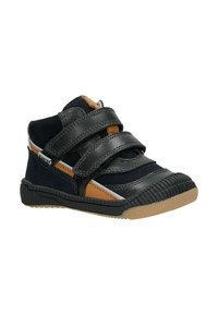 Czarno-granatowe wysokie buty sportowe z dwoma rzędami rzepów, wykonane z materiałów skórzanych i tekstylnych, z gumową podeszwą i brązowymi akcentami.