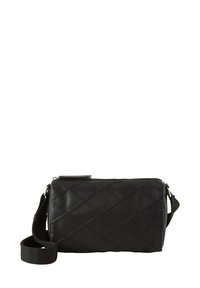 Gepolsterte schwarze Leder-Crossbody-Tasche mit rechteckiger Form, Reißverschlussschluss und verstellbarem Tragegurt für vielseitige Tragmöglichkeiten.
