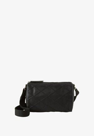 Gepolsterte schwarze Leder-Crossbody-Tasche mit rechteckiger Form, Reißverschlussschluss und verstellbarem Tragegurt für vielseitige Tragmöglichkeiten.