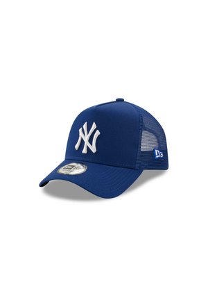 Blue baseball cap with mesh sides, featuring a white embroidered logo on the front, and a curved visor. Adjustable strap at the back.
