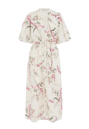Vestido midi floral en suave tejido blanco con patrones florales en tonos rosa y verde. Presenta mangas cortas voluminosas y una cintura ceñida con lazos.