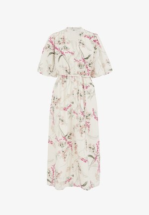 Kvetinové midi šaty z mäkkej bielej látky s ružovými a zelenými kvetinovými vzormi. Majú krátke nariasené rukávy a zúžený pás so šnurovaním.