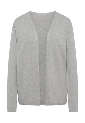 Light gray, long-sleeve open-front cardigan made of soft knit fabric, with a straight hem and no buttons or fasteners.