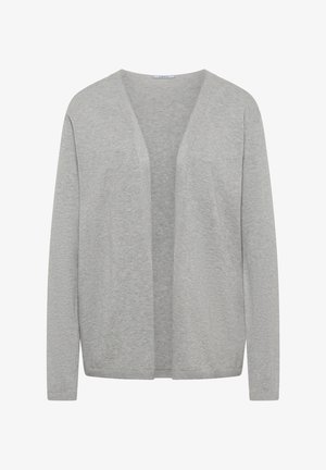 Cardigan gris clair à manches longues, à ouverture devant, fabriqué en tissu tricoté doux, avec un ourlet droit et sans boutons ni attaches.