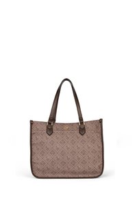 Tote-väska i ljusbrun syntetisk material med mörkbruna accenter, med ett blommönster. Två robusta handtag och detaljer i guld.