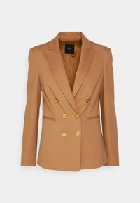 Blazer marron croisé en tissu lisse. Doté de détails en boutons dorés, de revers taillés et d'une coupe ajustée.