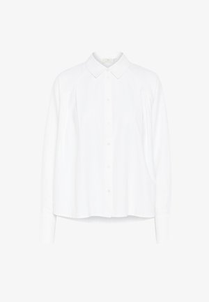 Bela dolgimi rokavi srajca z gumbi in ovratnikom, z nabranimi detajli na ramenih in ukrivljenim robom. Narejena iz gladkega, lahkotnega materiala.