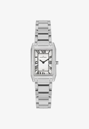 Orologio in metallo argentato con cassa rettangolare, quadrante bianco con numeri romani e display della data in basso. Bracciale liscio e lucido.