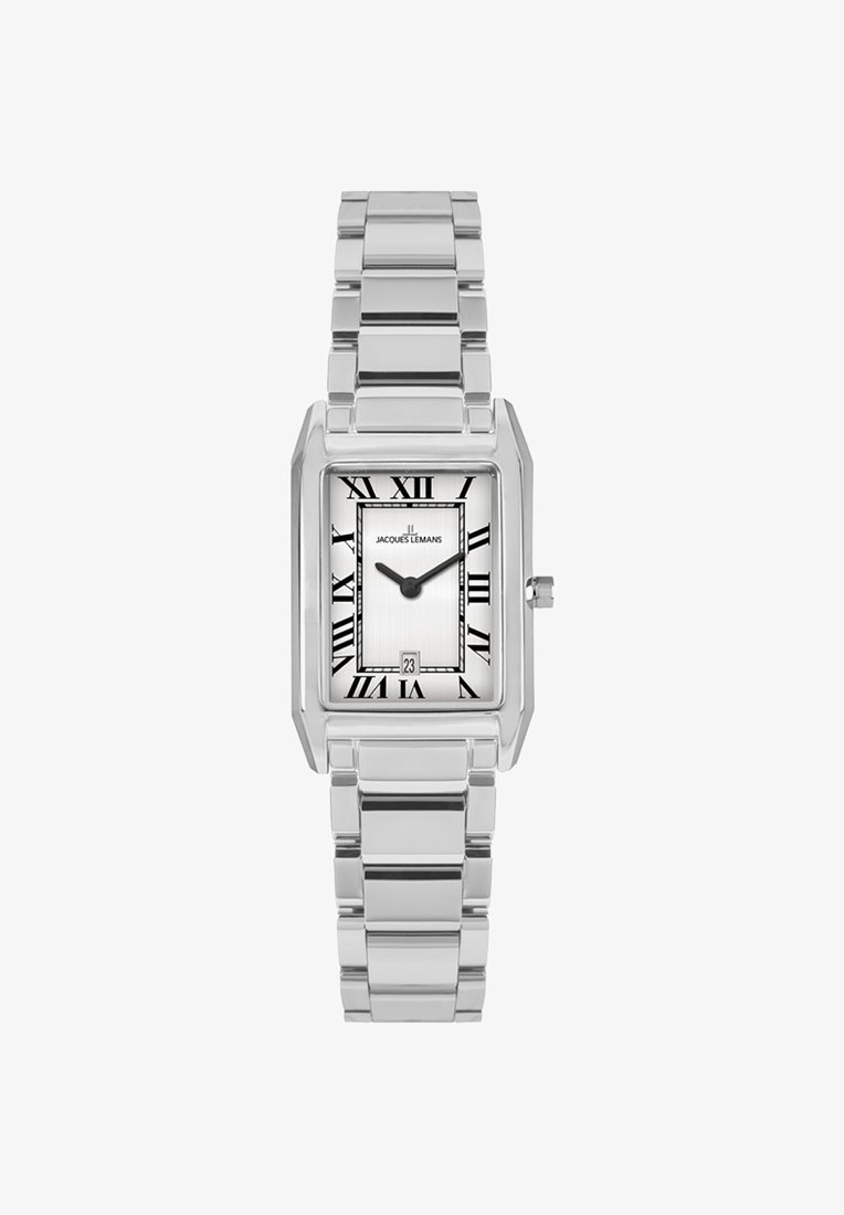 Srebrny zegarek metalowy z prostokątną kopertą, białą tarczą z cyframi rzymskimi i wyświetlaczem daty na dole. Gładka, wypolerowana bransoleta.