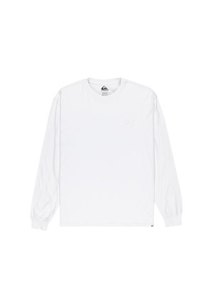 Hvid langærmet t-shirt lavet af bomuld, med runde halsudskæring, elastiske manchetter og et lille logo på brystet. Glat tekstur.