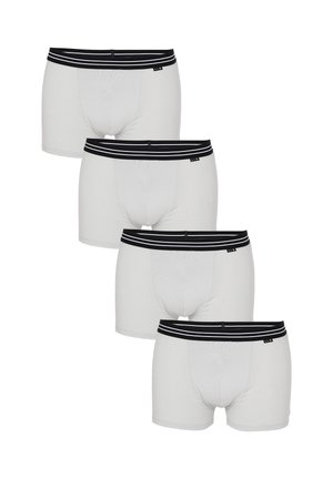 Quattro boxer bianchi da uomo con fascia in vita nera con due strisce bianche e un piccolo logo LVB sul davanti.