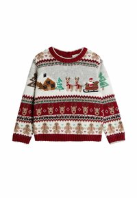 Maglione lavorato a maglia rosso e grigio con design festivi, inclusi alberi, una baita, renne e una slitta con Babbo Natale. Polsini e orlo a costine.