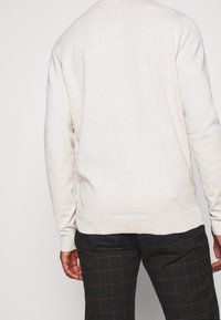 Hellgrauer Pullover aus weichem Material mit langen Ärmeln und rundem Ausschnitt. Kombiniert mit dunkel karierten Hosen.