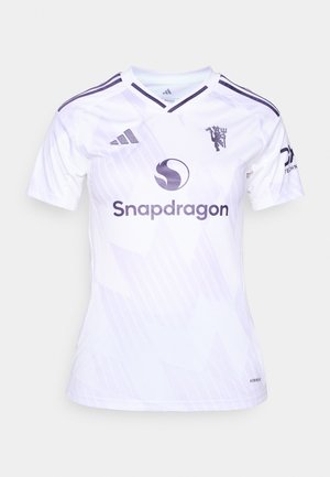 Weiße Fußballtrikots mit lila Akzenten und Streifen. Enthält das Adidas-Logo, ein Löwenemblem und "Snapdragon" auf der Vorderseite. AeroReady-Technologie.