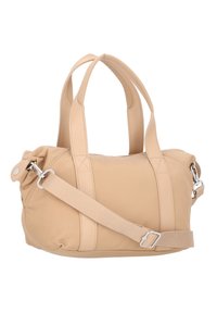 Borsa a mano beige realizzata in materiale sintetico morbido, con due manici solidi, una tracolla removibile e una chiusura con zip.