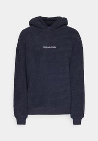 Granatowy polarowy hoodie o teksturowanej powierzchni, z kieszenią kangurza i ściągaczami; na przodzie ozdobiony haftem "Originals Studio".