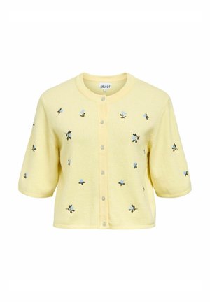 Yellow cardigan with short sleeves, featuring embroidered flowers in blue and green. Five buttons and a round neckline add detail.