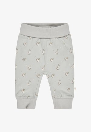 Helle graue Babypantalons aus weicher Baumwolle, mit einem blumigen Muster in sanften Farben, ausgestattet mit einem gerippten Bund und Bündchen.