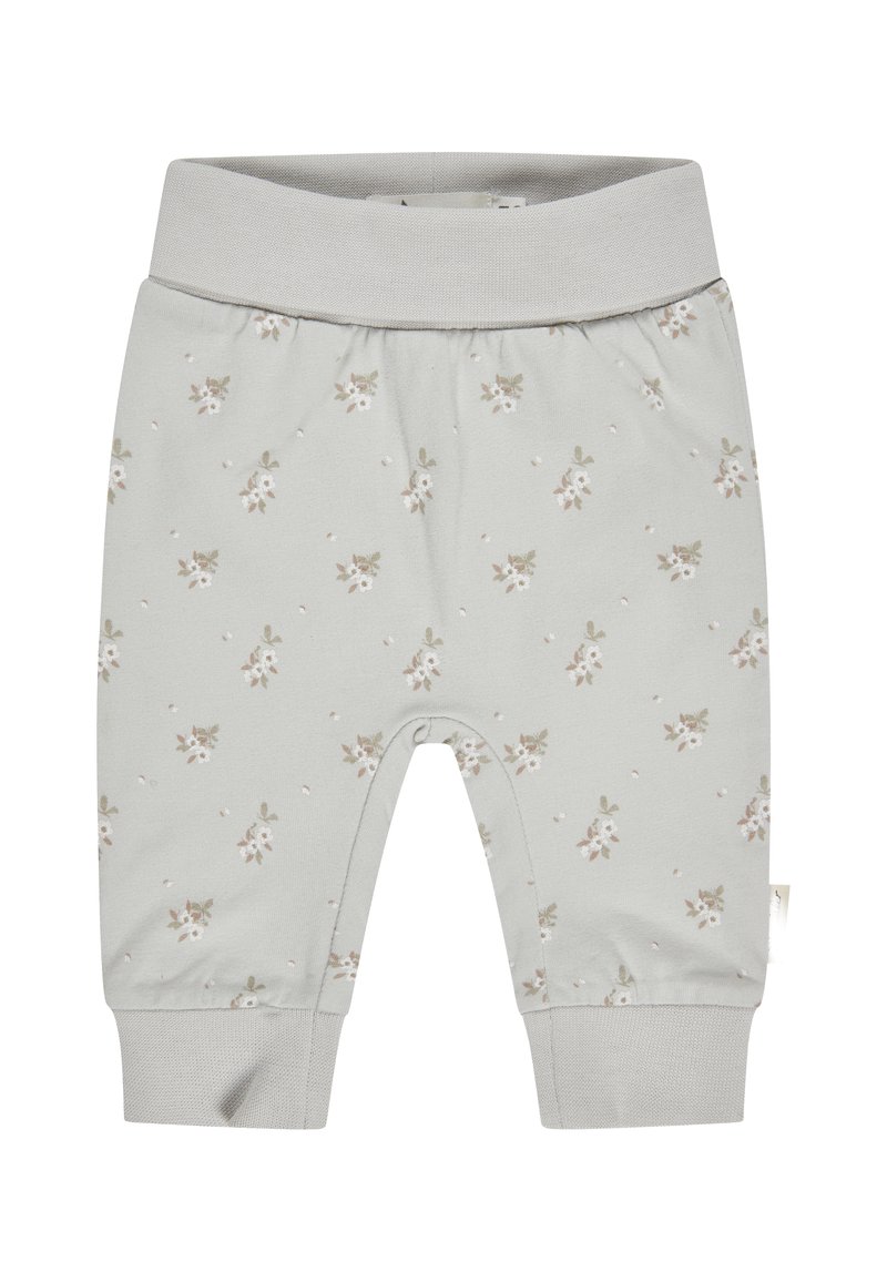 Helle graue Babypantalons aus weicher Baumwolle, mit einem blumigen Muster in sanften Farben, ausgestattet mit einem gerippten Bund und Bündchen.