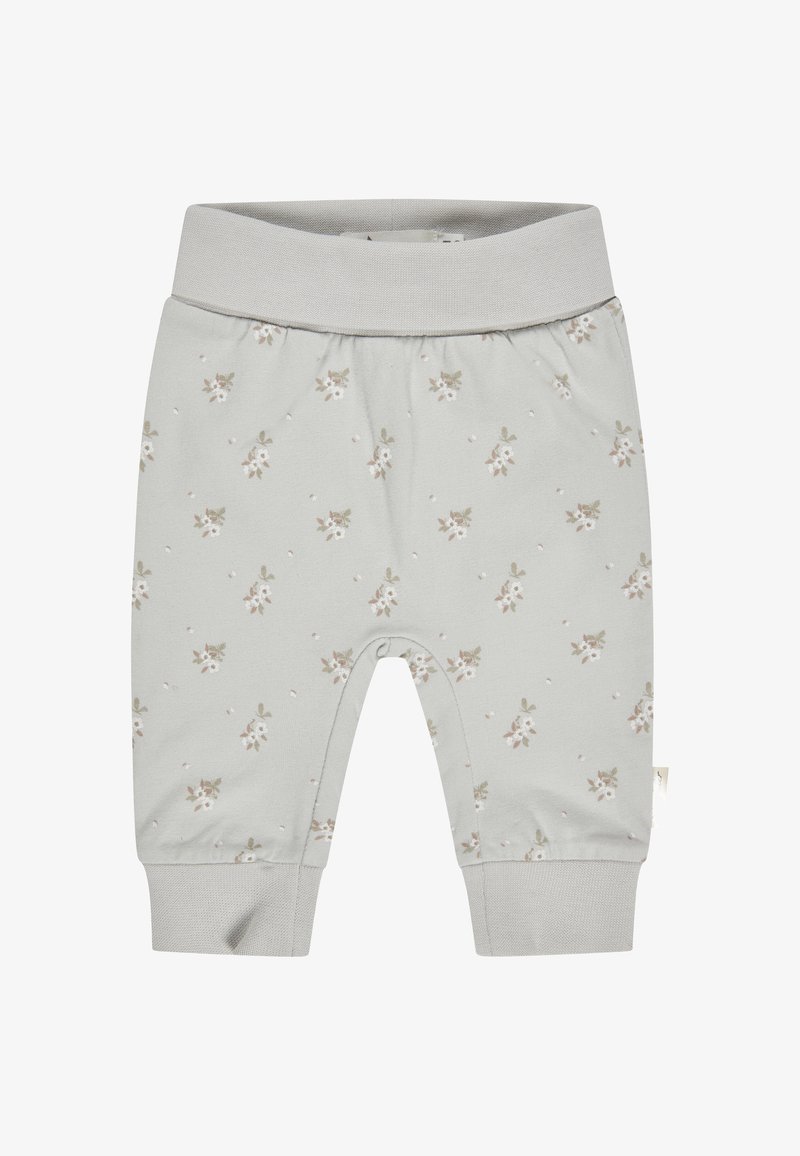 Helle graue Babypantalons aus weicher Baumwolle, mit einem blumigen Muster in sanften Farben, ausgestattet mit einem gerippten Bund und Bündchen.