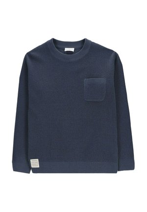 Granatowy sweter z dzianiny z długimi rękawami, kieszenią na piersi, prążkowanym kołnierzem i krawędzią oraz małą metką na dolnej lewej stronie z tekstem.
