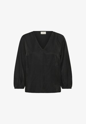 Zwarte V-hals blouse met lange, opgezette mouwen. Gemaakt van een gladde stof met een minimalistisch ontwerp en een enkele borstzak.