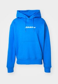 Sudadera azul con un bolsillo frontal, capucha con cordones y texto de logo. Hecha de una tela suave con puños y dobladillo acanalados.