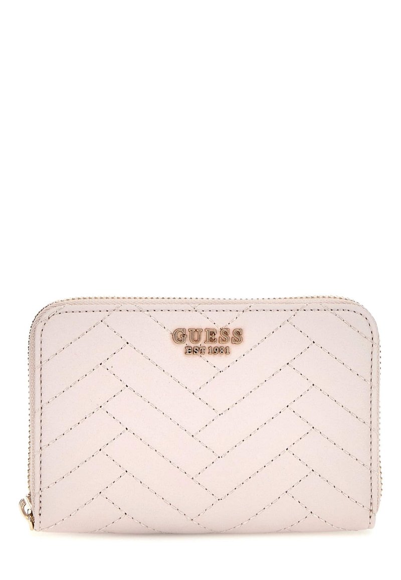 Portefeuille en cuir rose avec un motif en chevron, fermeture zippée et quincaillerie dorée avec le logo de la marque en relief à l'avant.