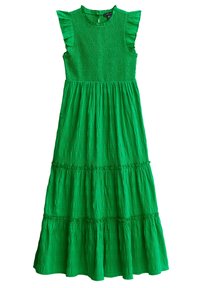 Grön maxiklänning med en texturerad smockad bodice, utsvängd, flerlagerskjol och volangdetaljer vid axlarna. Lätt och flödande tyg.