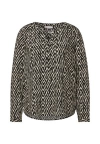 Langärmlige Bluse in Schwarz und Creme mit Chevron-Muster, V-Ausschnitt und lockerer Passform, aus leichtem Stoff gefertigt.