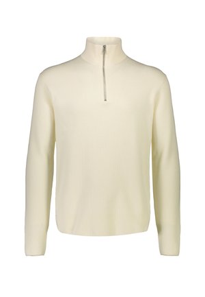 Cremafarbener, gerippter Strickpullover mit langen Ärmeln und kurzem Frontreißverschluss, der vom hohen Kragen ausgeht.