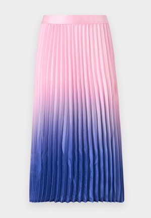 Jupe midi plissée avec un dégradé de couleur allant du rose clair à la taille au bleu profond à l'ourlet.