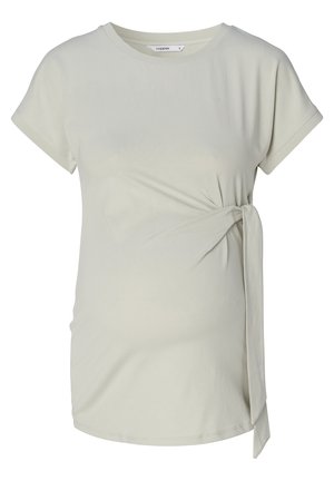 Lichtgrijze zwangerschaps T-shirt van zacht stof, met een zijstrikdetail, korte mouwen en een relaxte pasvorm.