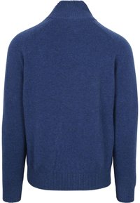 Marineblauw gebreide trui met een hoge kraag, geribbelde manchetten en zoom; textiel met een gladde afwerking. Achteraanzicht, zonder patronen of versieringen.