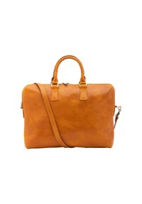 Borsa in pelle di un caldo arancione-marrone. Presenta due manici arrotondati, una tracolla removibile e una chiusura con zip. Texture liscia, design minimalista.