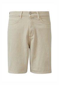 Beige denim shorts met een rechte snit, voorzien van een knoopsluiting, vijf zakken en subtiele stikdetails.