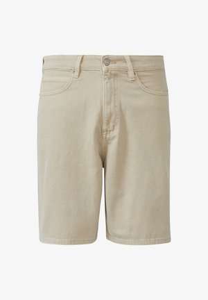 Beżowe szorty dżinsowe o prostym kroju, z zapięciem na guzik, pięcioma kieszeniami oraz subtelnymi detalami przeszyć.