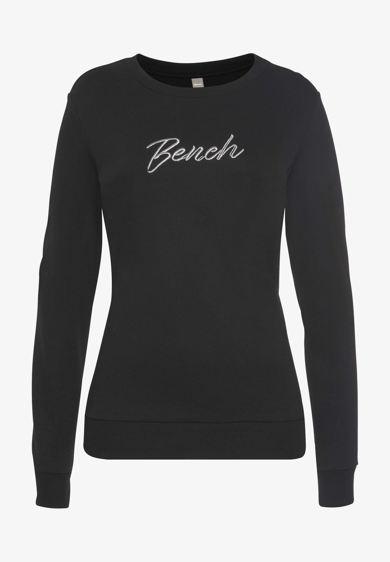 Felpa nera a maniche lunghe realizzata in tessuto morbido, con un logo ricamato "Bench" in bianco sul petto, e polsini e orlo a costine.