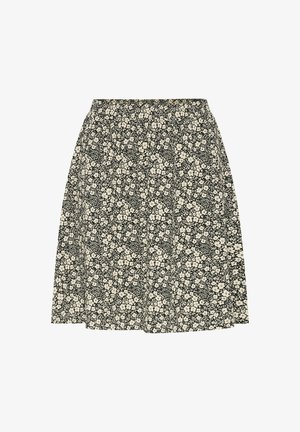 Gonna nera con piccolo motivo floreale bianco e vita elastica. Design fluido e taglio a lunghezza ginocchio. Tessuto leggero con una consistenza morbida.