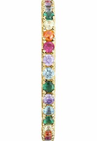 Anello in oro con pietre multicolori circolari, tra cui verde, rosa, blu e viola, incastonate in una montatura d'oro texturizzata.