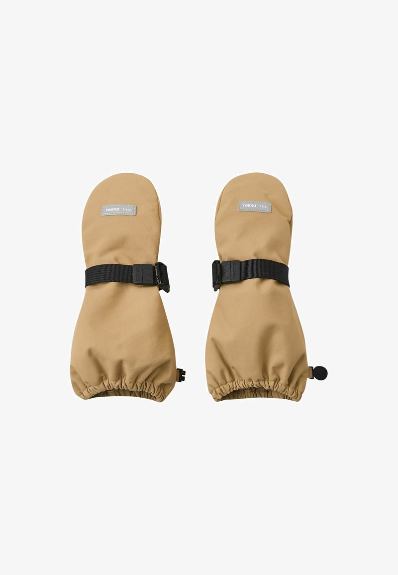 Braune isolierte Handschuhe mit runder Form, elastischen Bündchen und einem verstellbaren schwarzen Riemen. Enthält ein kleines Logo-Label auf der Vorderseite.