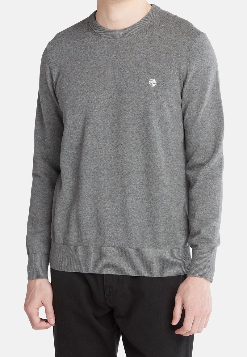 Homme portant un pull gris uni à col rond avec un petit logo blanc sur la poitrine gauche, associé à un pantalon noir.
