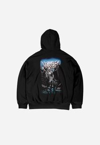 Black hoodie featuring a colorful graphic of a skeletal figure in a forest, with blue and purple accents, and intricate detailing in the design.