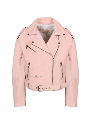 Giacca in pelle pink moto con zip asimmetrica, tasche laterali con zip e vita con cintura. Texture morbida con accenti in hardware argentato.