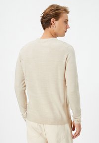 Hellbeige gestrickter Pullover mit langen Ärmeln, gerippten Bündchen und Saum. Einfaches Design mit glatter Textur und Rundhalsausschnitt. Rückansicht dargestellt.